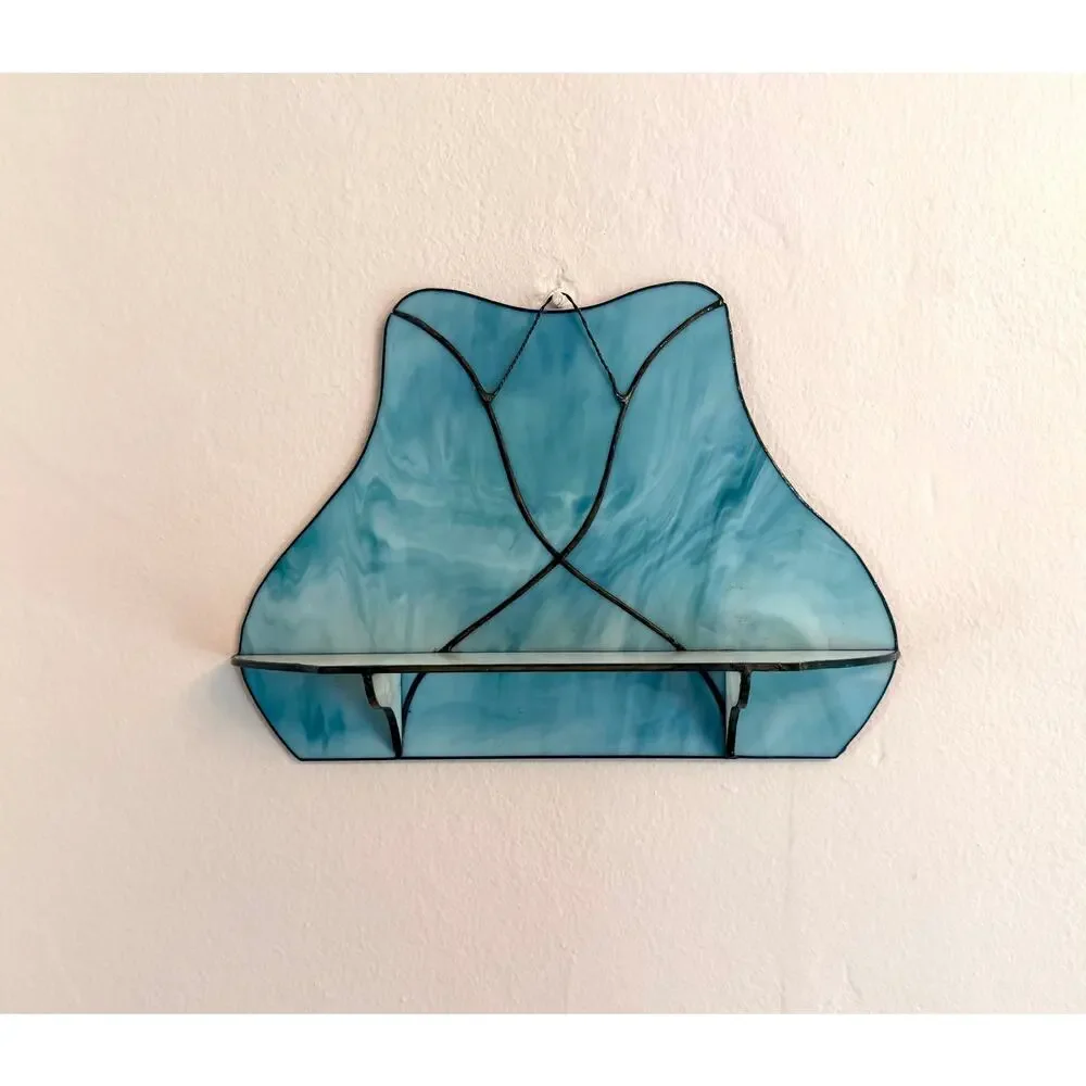 Handmade Blue and Pink Stained Glass Wall Shelf Tiffany Style 12in Curio Ledge